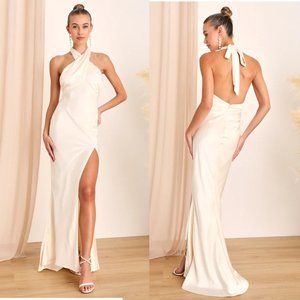 Lulu's Start of Forever Satin Crisscross Halter Mermaid Maxi Dress w/Mini Train